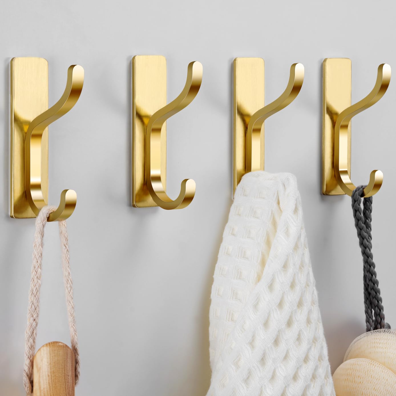 Adhesive Wall Hooks for Towel/Coat,13Lb Strong Stick-On Hooks, Gold 4 Pack | Hooks for Walls No Damage, Hooks Hanging Heavy Duty, Peel and Stick Hooks for Closet, Door, Bathroom, for Purse, Bag, Cloth