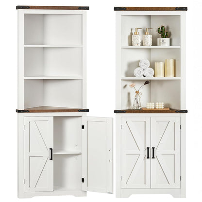 Farmhouse Corner Cabinet, 70" H Tall Corner Hutch with 5 Shelves & 2 Barn Doors, Bathroom Cabinet with Adjustable Shelf, for Living Room, Kitchen, Bathroom, White