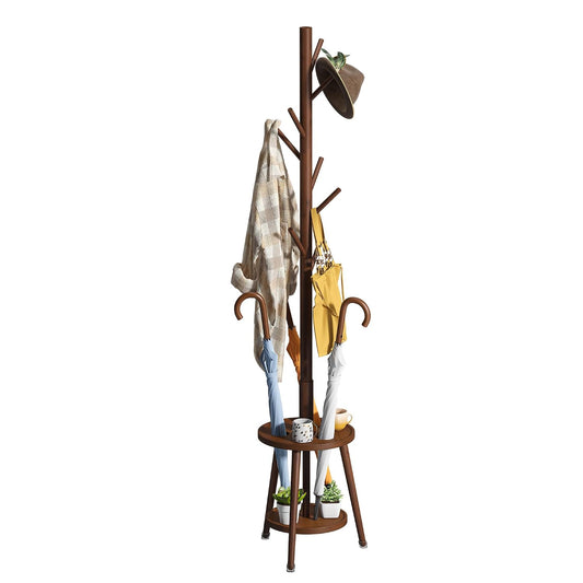 Freestanding Coat Rack with Umbrella Organizer Tray Bamboo Coat Tree Rack with 8 Hook Stand for Clothes Bag Hats Entryway Hanger Stand(Brown)