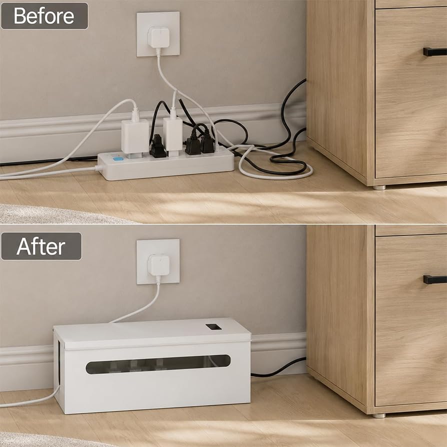 Slim Metal Large Cable Management Box Cord Hider Wire Organizer Boxes | Power Strip Box for Electrical Cord Hiding, Home Office Floor and Desk Cables Hider, TV Wires Storage Organization