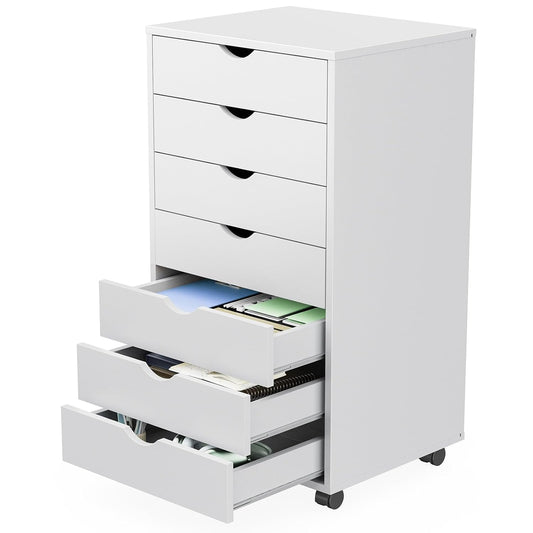 Sweetcrispy 7 Drawer Rolling Storage Cabinet with Wheels, Wood Organizer | Fits Under Desk Dresser Chest for Home Office, Bedroom, Small Place, Living Room White