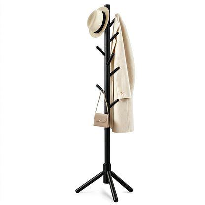 Wooden Coat Rack Freestanding with 8 Hooks & 3 Adjustable Sizes for Clothes, Space-Saving Design for Bedroom Office Entrance Holds Hats Coats Scarves Bags