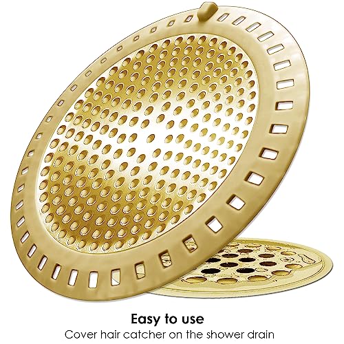 Seatery 2PCS Hair Catcher Shower Drain/Strainer/Cover/Filter/Trap, Bathtub Drain Cover Hair Catcher, Hair Stopper for Bathroom Sink/Floor Drain, Stainless Steel and Silicone Drain Strainer, Gold