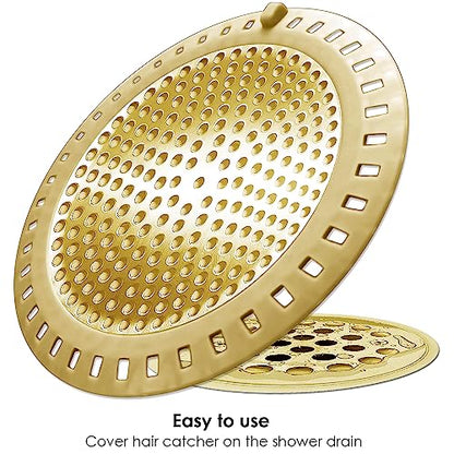 Seatery 2PCS Hair Catcher Shower Drain/Strainer/Cover/Filter/Trap, Bathtub Drain Cover Hair Catcher, Hair Stopper for Bathroom Sink/Floor Drain, Stainless Steel and Silicone Drain Strainer, Gold