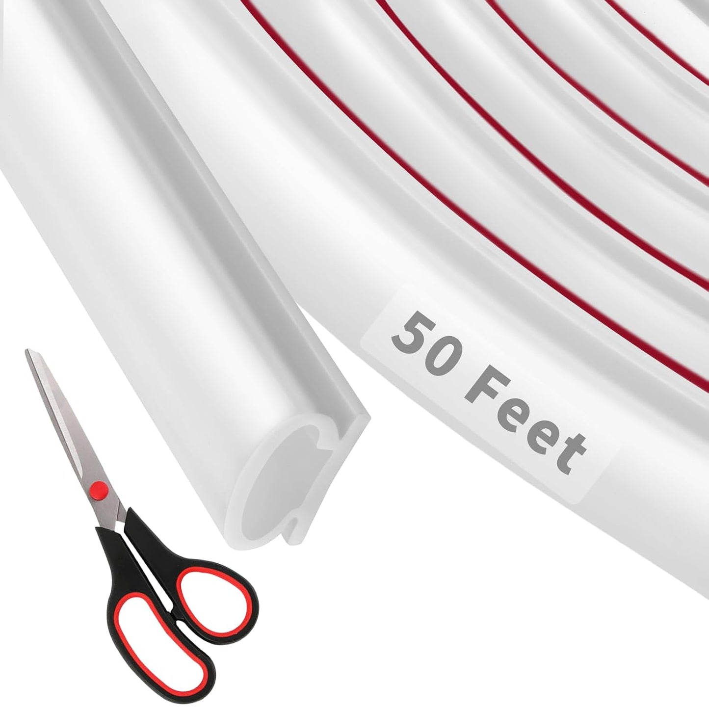 50 Feet D-Shape Rubber Weather Stripping Door Seal Strip, Self-Adhesive Backing Door Weatherstripping for Door Frame Insulation Large Gap, Easy Cut to Size with Tailor Scissors(White)