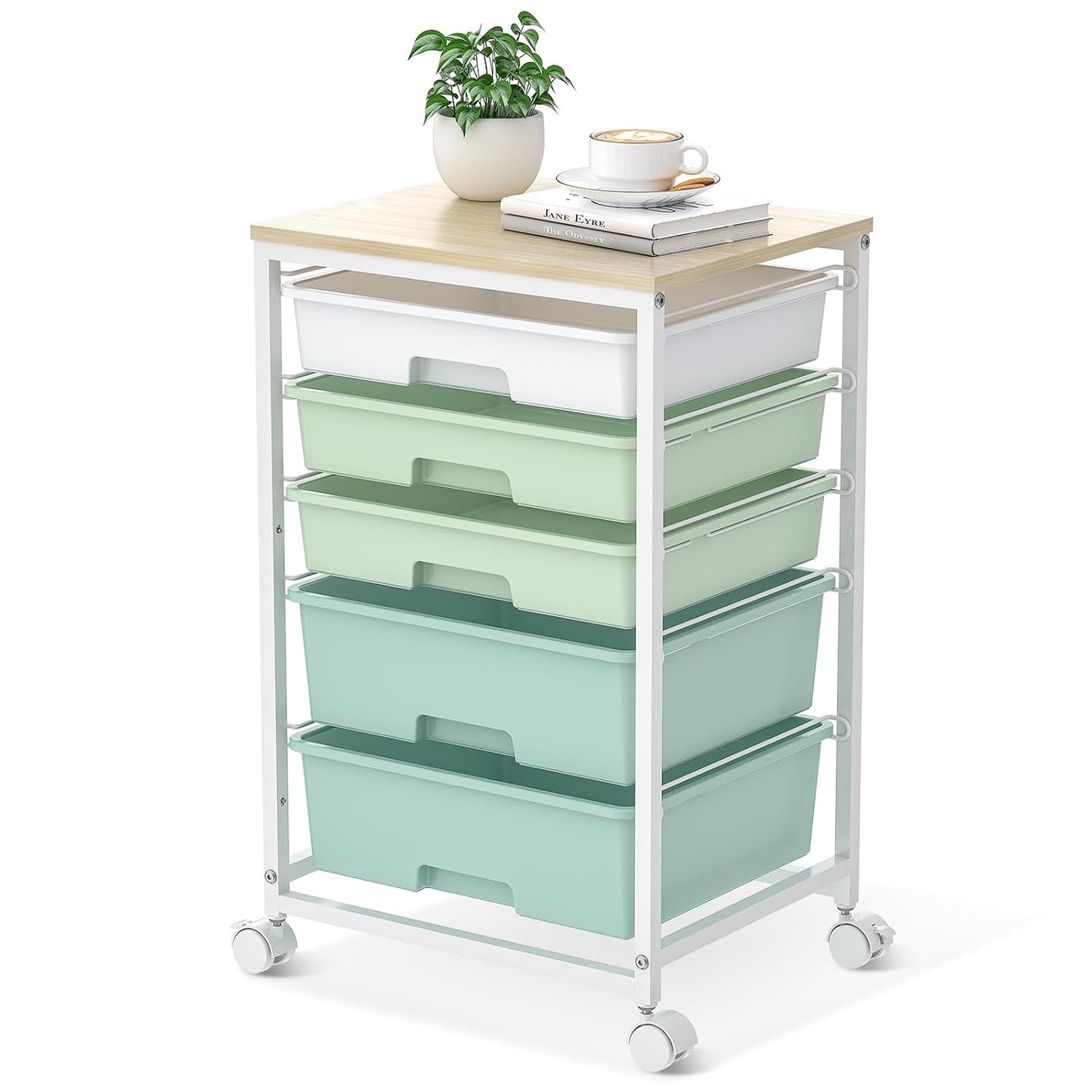 Rolling Cart with Drawers,5 Drawers Storage Cart,Light Green | 5-Tiers Utility Cart with Drawers with Lockable Wheels for Craft Organizers and Storage,Home Office,Classroom,Dorm,Playroom