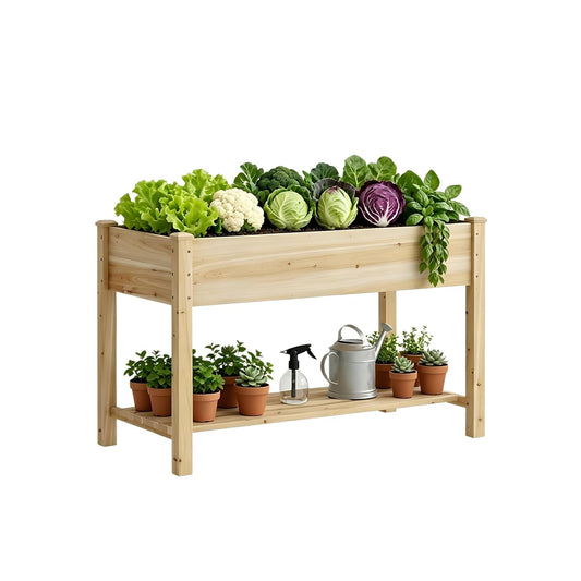 48x24x30.7in Wood Raised Garden Bed with Legs Wooden Planter Box with Storage Shelf Elevated Wood Planter Box for Vegetables Flowers Herbs Garden Planter for Backyard Patio Balcony (Natural, Medium)