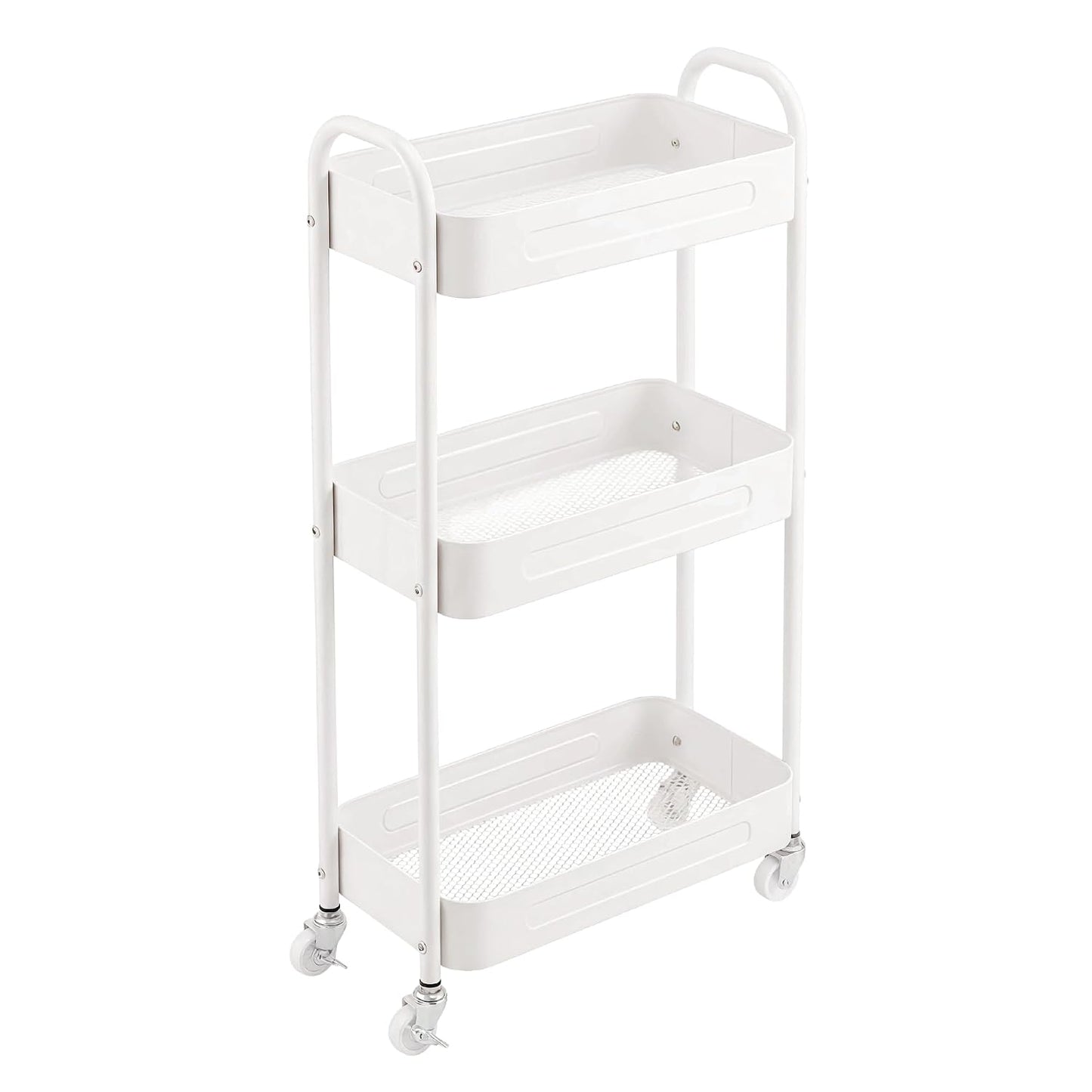 3 Tier Narrow Rolling Storage Cart for Laundry Room Bathroom Kitchen, 7.1'' Slim Utility Cart with Wheels and Lockable Casters Standing Shelf for Small Space & Between Washer and Dryer, White