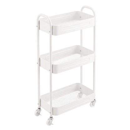 3 Tier Narrow Rolling Storage Cart for Laundry Room Bathroom Kitchen, 7.1'' Slim Utility Cart with Wheels and Lockable Casters Standing Shelf for Small Space & Between Washer and Dryer, White