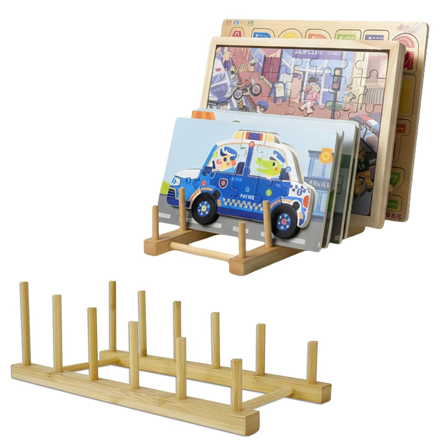 2 Pack Wooden Puzzle Rack, Puzzle Storage Organizer with 5 Sections | Tabletop Book Holder & Art Print Display Stand, Wooden Organizer for Craft Shows, Home, Kitchen Cabinet Storage