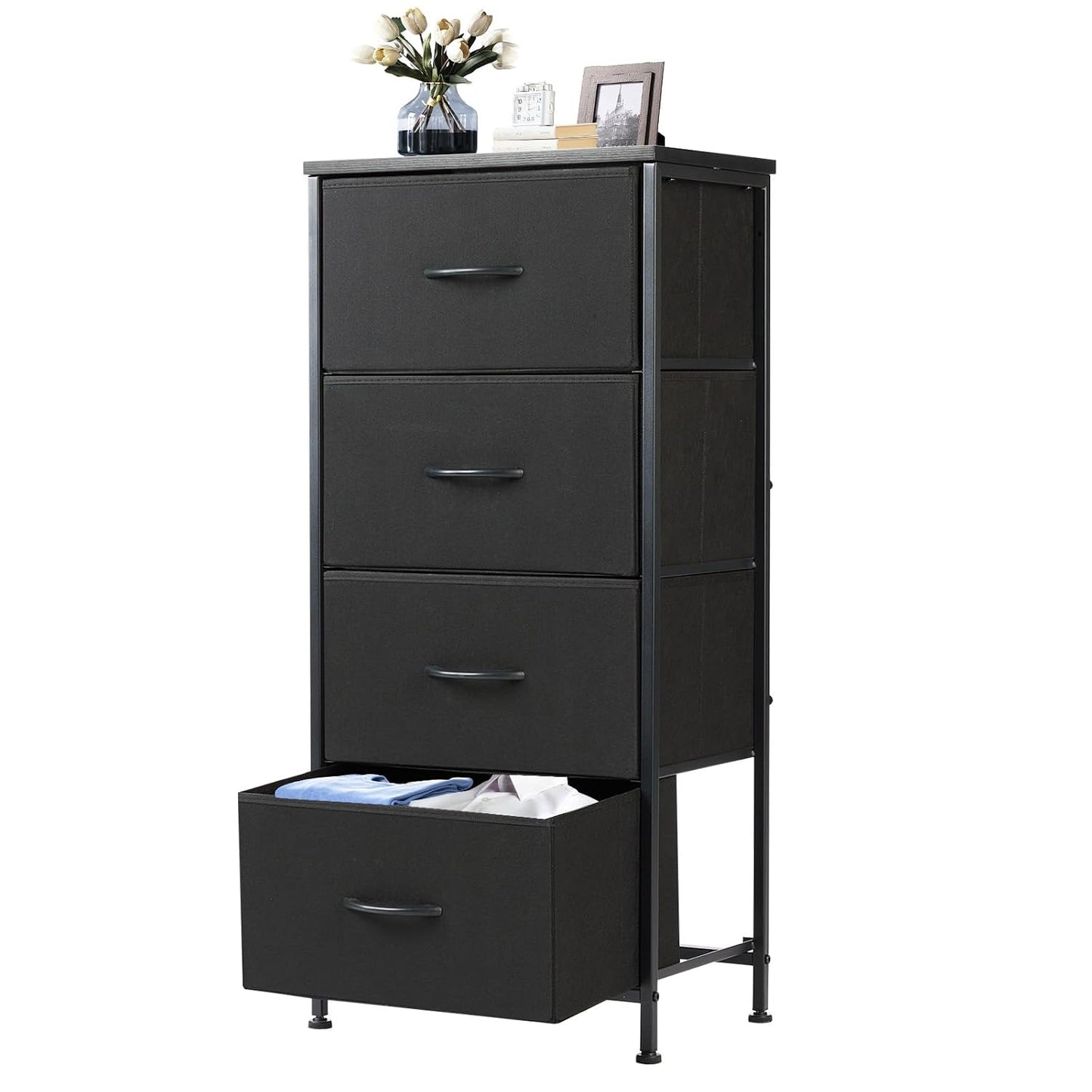 DUMOS Nightstand, Bedside Table with 4 Fabric Drawers | Night Stand with Removable Bins, Steel Frame Wood Top, Small Dresser for Bedroom Closet