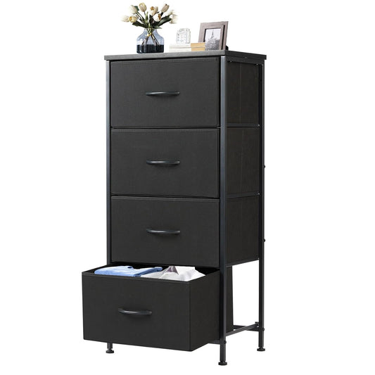 DUMOS Nightstand, Bedside Table with 4 Fabric Drawers | Night Stand with Removable Bins, Steel Frame Wood Top, Small Dresser for Bedroom Closet