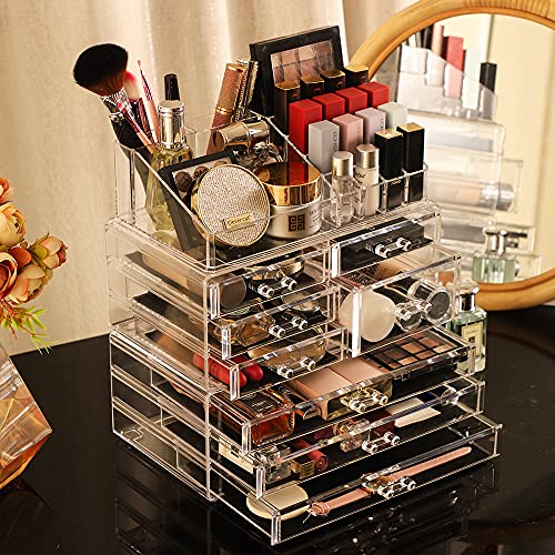 Cq Acrylic 3 Pack Clear Make Up Organizers - Stackable 8 Drawer Organizer for Vanity, Desk, Jewelry, Beauty & Skincare Products