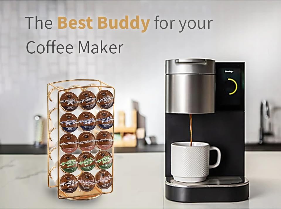 Tabletop K Cup Holder, Coffee Pod Stand Holder, K-Cups Capsule Storage Rack for 30 pods, 360 degrees rotatable, No Assembly Required, Gold