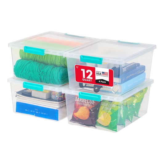 IRIS USA Storage Bins with Lids |Made in USA| 12 Qt - (4-Pack) - Clear | Sensory Craft Organizers, Plastic Clip Box Totes, Flat Containers for Organizing Paper, Office, Art & Study Supplies