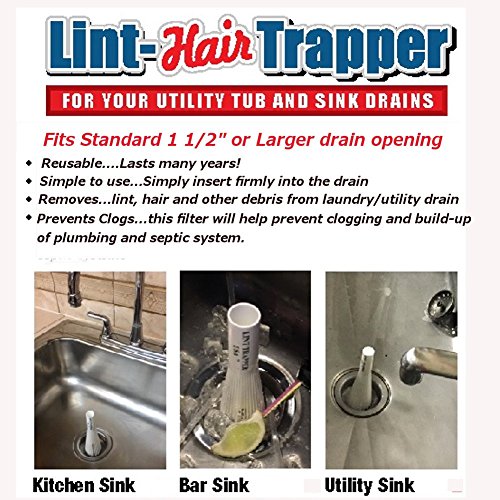 Lint Hair Trapper for filtering Washing Machine Utility Tub and Sink drains-reusable and customizable with built-in overflow guard. Traps Lint, hair and debris from drains, replaces all Mesh filters