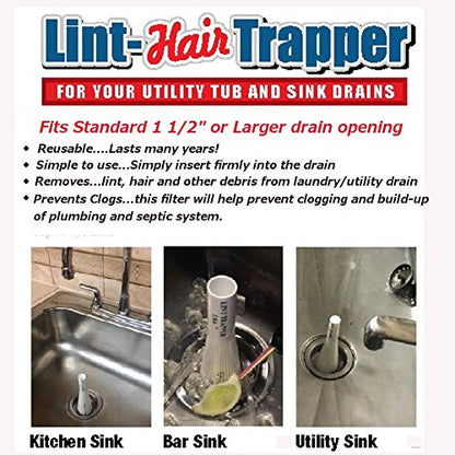 Lint Hair Trapper for filtering Washing Machine Utility Tub and Sink drains-reusable and customizable with built-in overflow guard. Traps Lint, hair and debris from drains, replaces all Mesh filters