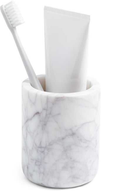Cork & Mill Marble Toothbrush Holder Cup for Bathroom Countertop | Real White Stone, Decorative Organizer for Tooth Brush and Toothpaste, Aesthetic Vanity Accessory