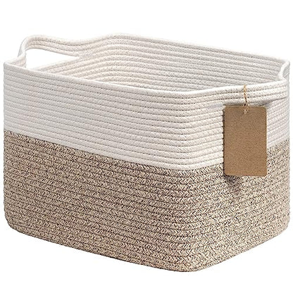Goodpick Woven Rope Storage Basket for Shelves, Rectangle, Light Brown | 13" × 10" × 9" Stylish Gift Basket for Home Organization, Fits Dog Toys, Books & Nursery Essentials Storage, Writable Label