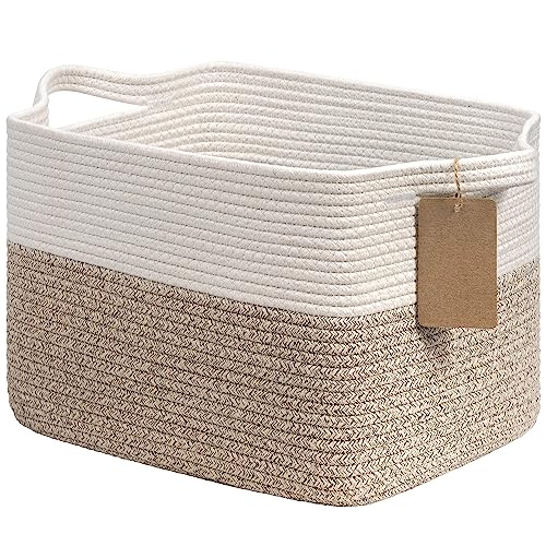 Goodpick Woven Rope Storage Basket for Shelves, Rectangle, Light Brown | 13" × 10" × 9" Stylish Gift Basket for Home Organization, Fits Dog Toys, Books & Nursery Essentials Storage, Writable Label