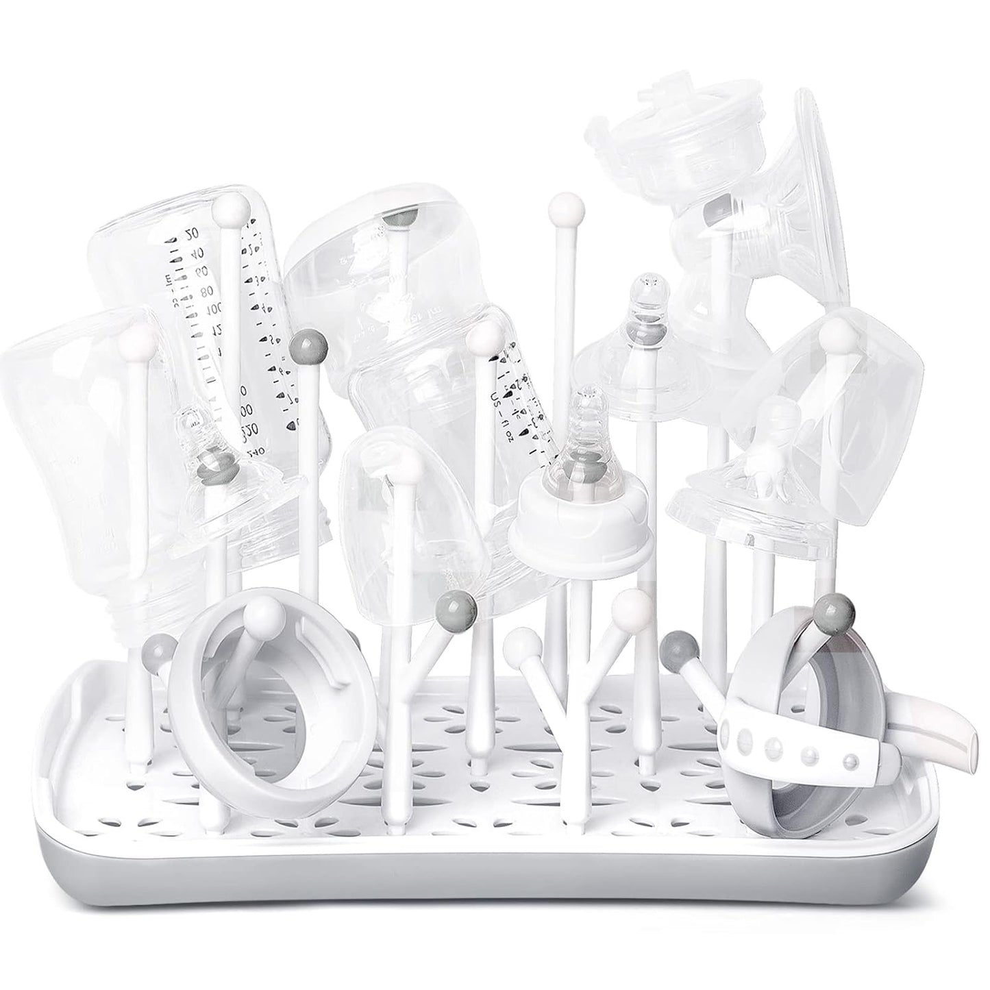 Termichy Baby Bottle Drying Rack: Space-Saving with 13 Hooks & Drain Tray | Compact Drying Stand for Bottles, Pacifiers & Pump Parts - Kitchen Counter Organizer for Nursing Moms Grey