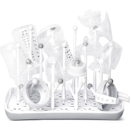 Termichy Baby Bottle Drying Rack: Space-Saving with 13 Hooks & Drain Tray | Compact Drying Stand for Bottles, Pacifiers & Pump Parts - Kitchen Counter Organizer for Nursing Moms Grey
