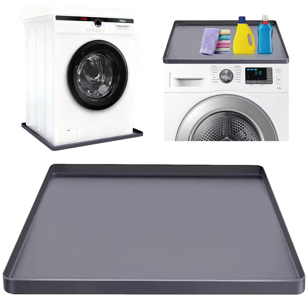 Washing Machine Drain Pan Silicone mat 27"x27" with 0.79" Raised Edges, Leak-Proof Silicone Mat, Non-Slip Waterproof Floor Protector for Washer Dryer (Grey)