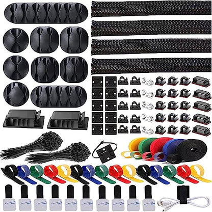300PCS Cable Management Kit,4 Cable Sleeve 35 Cable Clips | 11Cord Holders,20 Roll Cable Organizer Straps, 200 Fastening Cable Ties,20 Cable Zip Tie Mounts for Computer TV Under Desk