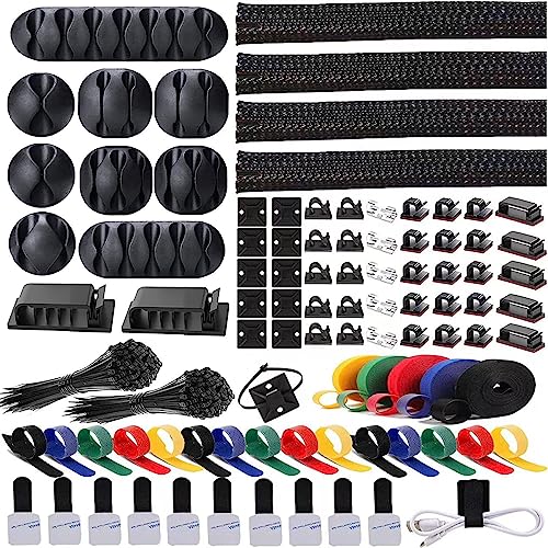300PCS Cable Management Kit,4 Cable Sleeve 35 Cable Clips | 11Cord Holders,20 Roll Cable Organizer Straps, 200 Fastening Cable Ties,20 Cable Zip Tie Mounts for Computer TV Under Desk