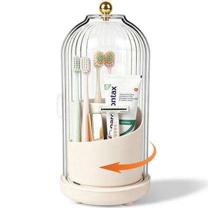 Toothbrush Holders with Cover Toothpaste Organizer for Bathroom, Beige | 360° Rotating, Dustproof Sliding Lid, Drainage Holes, Waterproof, for Kids Electric Toothbrush Makeup Brush Storage