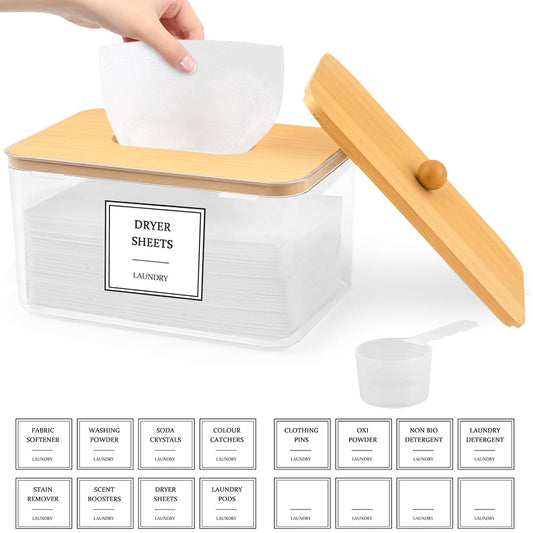 Dryer Sheet Holder, Clear Dryer Sheet Dispenser with Bamboo Lid | 16 Labels and Scoops, Dryer Ball Storage, Clothespin Holder, Laundry Pod Holder, Countertop Organizer for Laundry Rooms