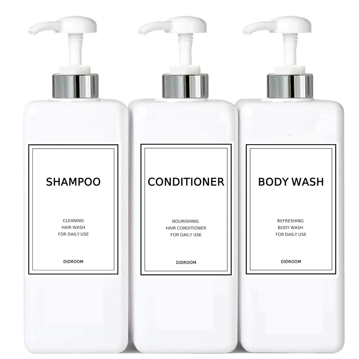 Modern Silver Shampoo and Conditioner Dispenser (21 oz, Pack of 3) Refillable Pump Bottle Set Empty Shower Plastic Bottles with Pump for Bathroom Body Wash Soap and Shower (Sliver&White)