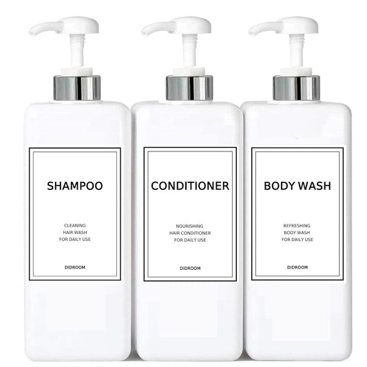 Modern Silver Shampoo and Conditioner Dispenser (21 oz, Pack of 3) Refillable Pump Bottle Set Empty Shower Plastic Bottles with Pump for Bathroom Body Wash Soap and Shower (Sliver&White)