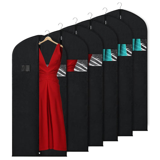 KEEGH 60 in Garment Bags for Hanging Clothes Dust Cover (Set of 6) Black | Transparent Window, Full Zipper, Label Pocket, Eye-Hole for Folding, Dress Bags for Gown, Long Dress Bag for Closet Storage
