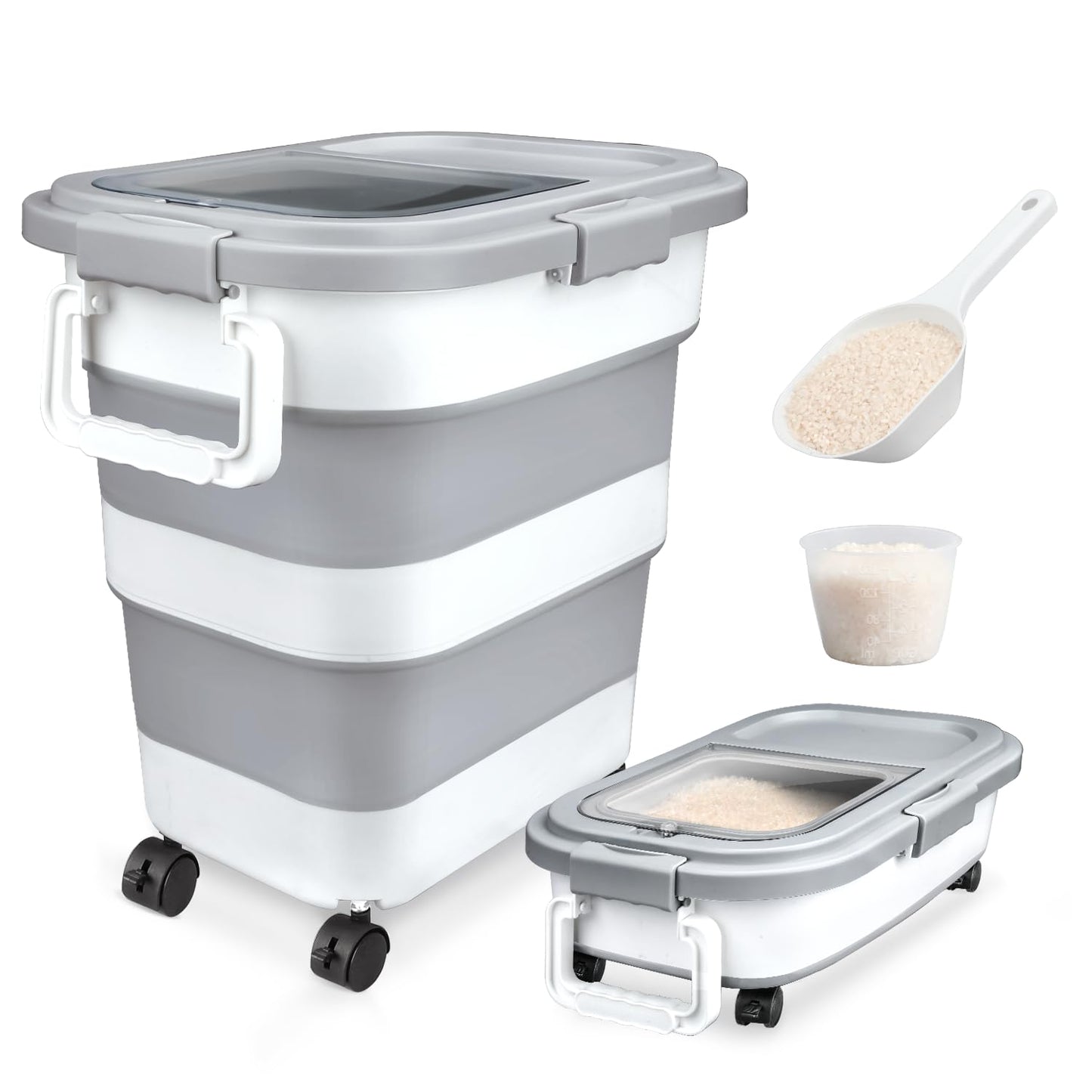 Rice Storage Container, Collapsible Airtight 10-40 Lb Rice Storage Container, 25lb Pet Dog Food Storage Container, Rice Dispenser Bin with Cup and Scoop for Flour Cereal Pasta Grain, Cat Bird