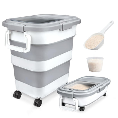 Rice Storage Container, Collapsible Airtight 10-40 Lb Rice Storage Container, 25lb Pet Dog Food Storage Container, Rice Dispenser Bin with Cup and Scoop for Flour Cereal Pasta Grain, Cat Bird