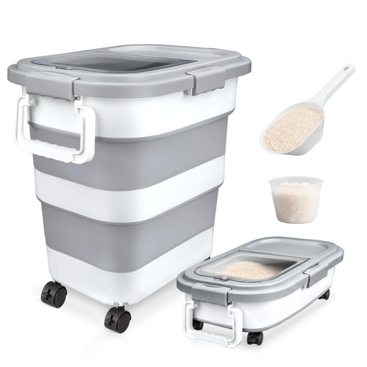 Rice Storage Container, Collapsible Airtight 10-40 Lb Rice Storage Container, 25lb Pet Dog Food Storage Container, Rice Dispenser Bin with Cup and Scoop for Flour Cereal Pasta Grain, Cat Bird
