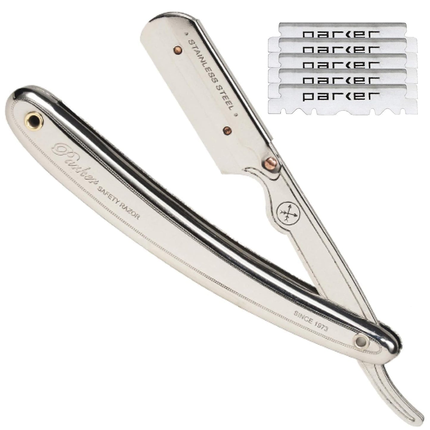 Parker SR1 Stainless Steel Shavette Straight Edge Professional Barber Razor for Men and 5 Parker Premium Platinum blades