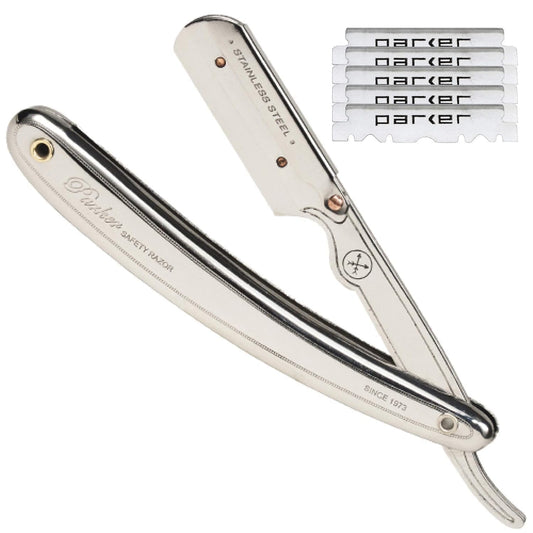 Parker SR1 Stainless Steel Shavette Straight Edge Professional Barber Razor for Men and 5 Parker Premium Platinum blades