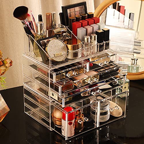 Cq acrylic 3 Pack Clear Makeup Storage Organizer,Stackable 6 Drawers Make Up Organizers,Cute Desk Organizer for Vanity Jewelry,Hair Clip,Beauty,Skincare Product Bathroom Counter Organizers and Storage
