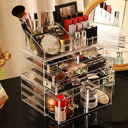 Cq acrylic 3 Pack Clear Makeup Storage Organizer,Stackable 6 Drawers Make Up Organizers,Cute Desk Organizer for Vanity Jewelry,Hair Clip,Beauty,Skincare Product Bathroom Counter Organizers and Storage