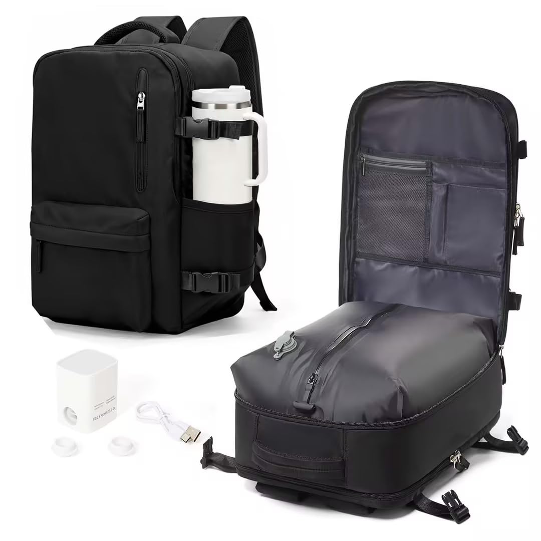 WONHOX Vacuum Seal Backpack for Travel with Air Pump Compression Vacpack Carry on Flight Approved Daypack Laptop Space Saver Bags Storage with Vacuum System 18x14x8 inches Travel Bag Women Men Black