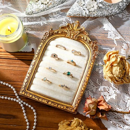Liliaafar Vintage Ring Holder Arch Gold Ring Wedding Display Suede Jewelry Box Stand Frame Earring Tray Anniversary Engagement Baroque Organizer Photograph Prop for Women Birthday Christmas Gift