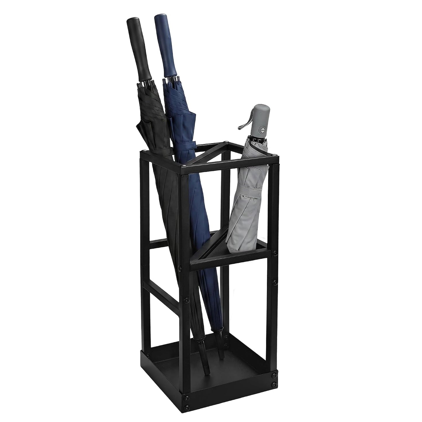 Umbrella Stand for Entryway Metal Geometric Freestanding Umbrella Holder or Cane Holder with Shelf for Small Umbrellas and Bottom Drip Tray, Black