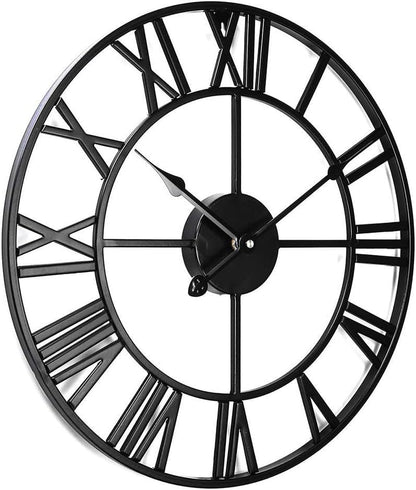 Antique Tower 24 inch Large Roman Numeral Wall Clock, Indoor Outdoor Patio Waterproof Oversized Decorative Contemporary Clock, Antique Black Metal Wall Clock Battery Operated Retro Art Hanging Clock,2
