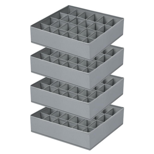 Sock Organizer 4 Pack, 24 Cell Underwear Organizer Foldable Underwear Storage, Sock and Underwear Drawer Organizer for Socks Ties Underwear Belts. (Grey)