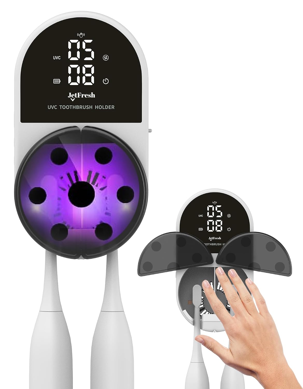 Jetfresh UV Toothbrush Sanitizer and Holder with Fan Drying | Wall Mounted UV-C Toothbrush Cleaner | Tooth Brush Sanitizer Holder Auto Shut-Off, USB Rechargeable, Fits All Brushes.