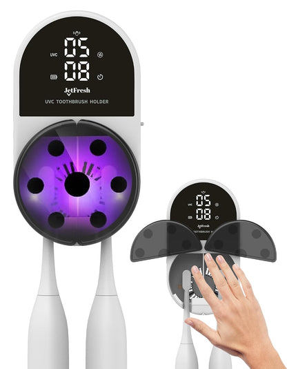 Jetfresh UV Toothbrush Sanitizer and Holder with Fan Drying | Wall Mounted UV-C Toothbrush Cleaner | Tooth Brush Sanitizer Holder Auto Shut-Off, USB Rechargeable, Fits All Brushes.