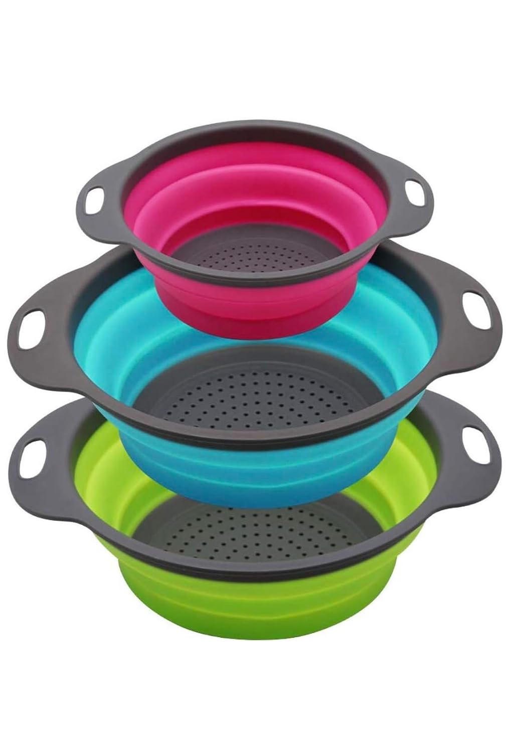 Set of 3 Niklye Ultimate Kitchen Strainers—1×10” & 2×12” Collapsible Silicone Colanders. Now more durable and robust for everyday use with pasta, veggies, fruit & more.