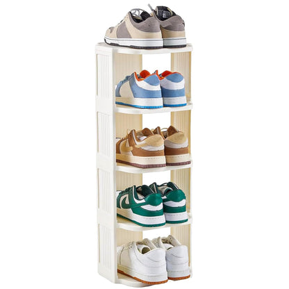 UFORU 5-Tier Small Vertical Shoe Rack,Plastic Shoe Organizer,Narrow Spaces | White Free-Standing Stackable Design for Closets,Entryways,Dorms and Corners,Tool-Free Assembly,Vertical Shoe Rack Tower